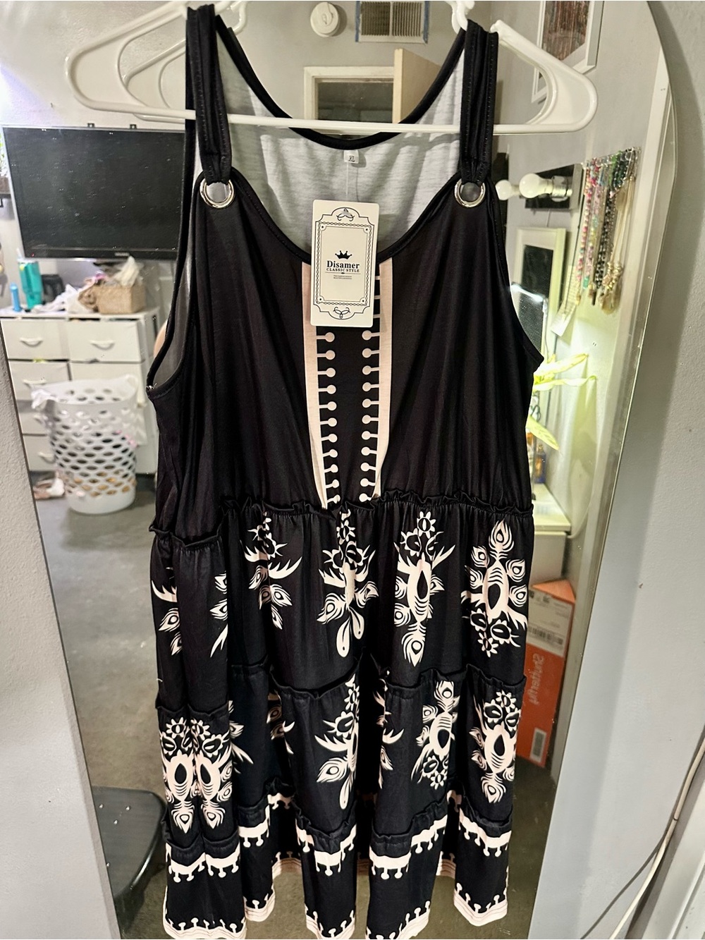 Black & Cream Printed Tiered Dress